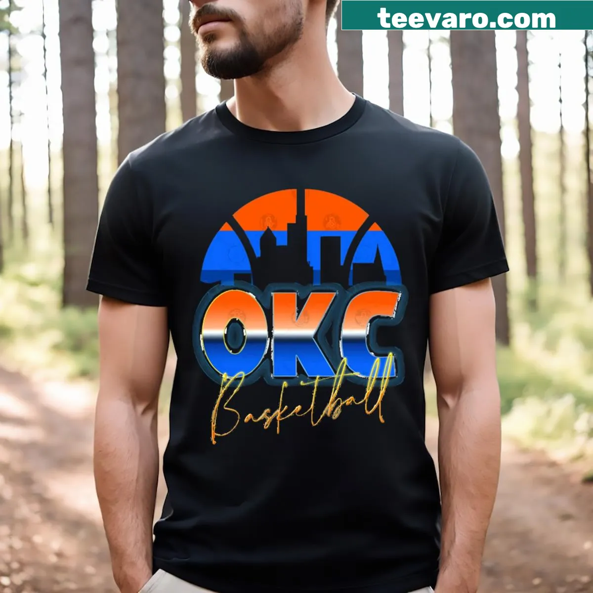Retro Oklahoma City basketball T-shirt with chrome skyline design — on a men's t-shirt