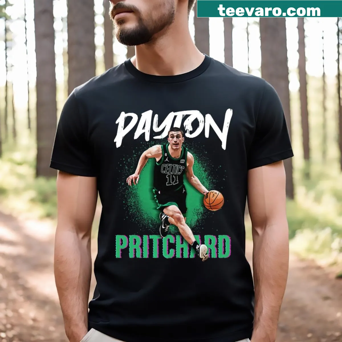 Poster-style T-shirt featuring Payton Pritchard in action — on a men's t-shirt