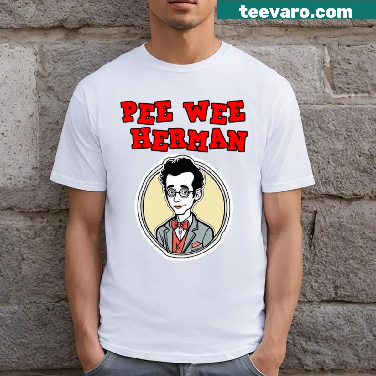 Pee Wee Herman T-shirt with a playful graphic of the character — on a men's t-shirt