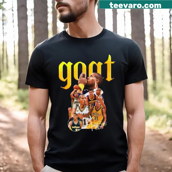 T-shirt featuring Reggie Miller's signature and 'GOAT' text