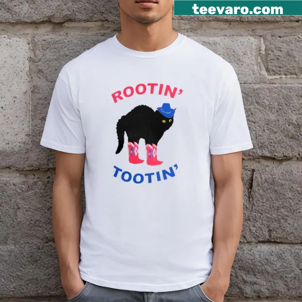 Whimsical graphic T-shirt with a cowboy cat and text 'Rootin Tootin'