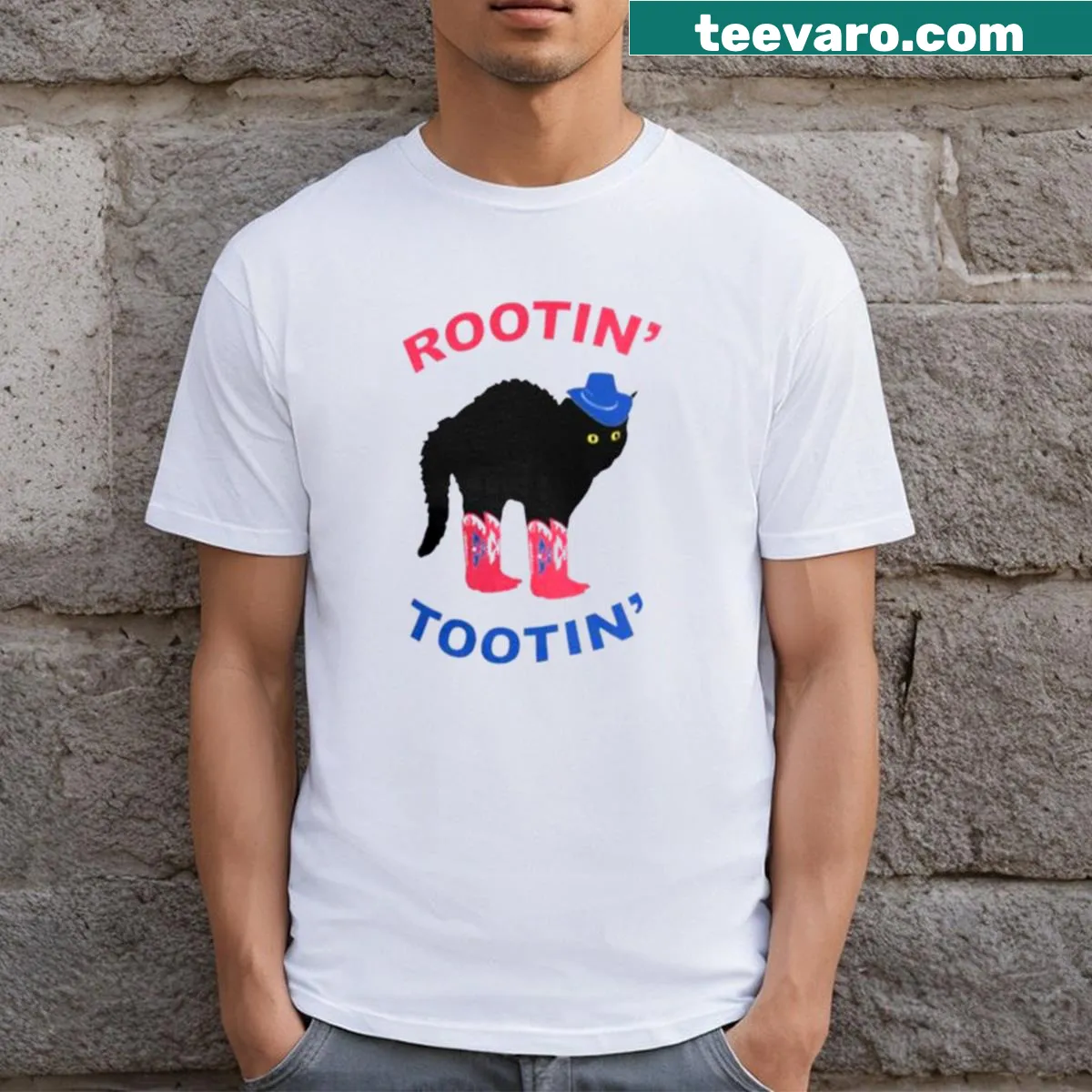 Whimsical graphic T-shirt with a cowboy cat and text 'Rootin Tootin' — on a men's t-shirt