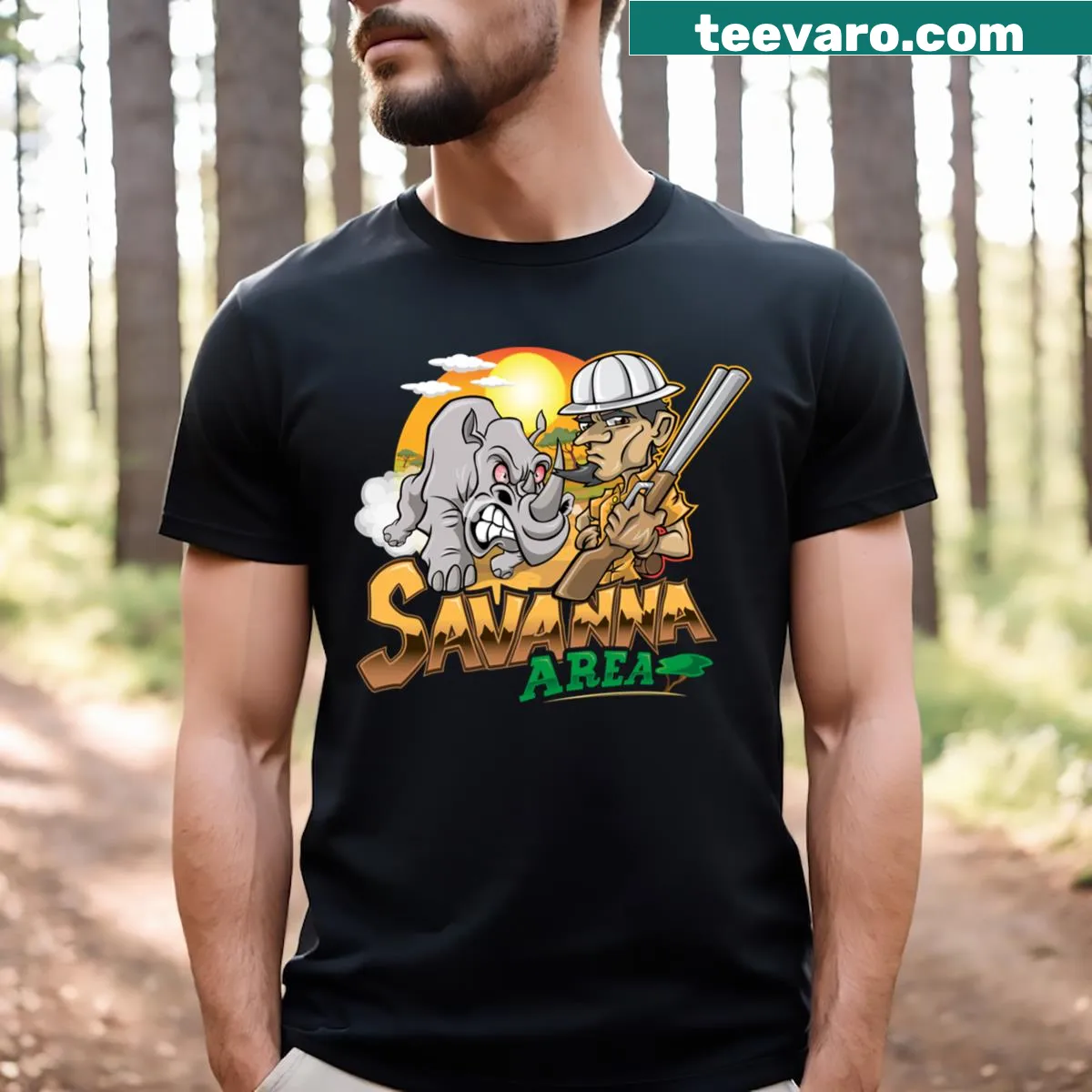 Savanna-themed cartoon logo T-shirt — on a men's t-shirt