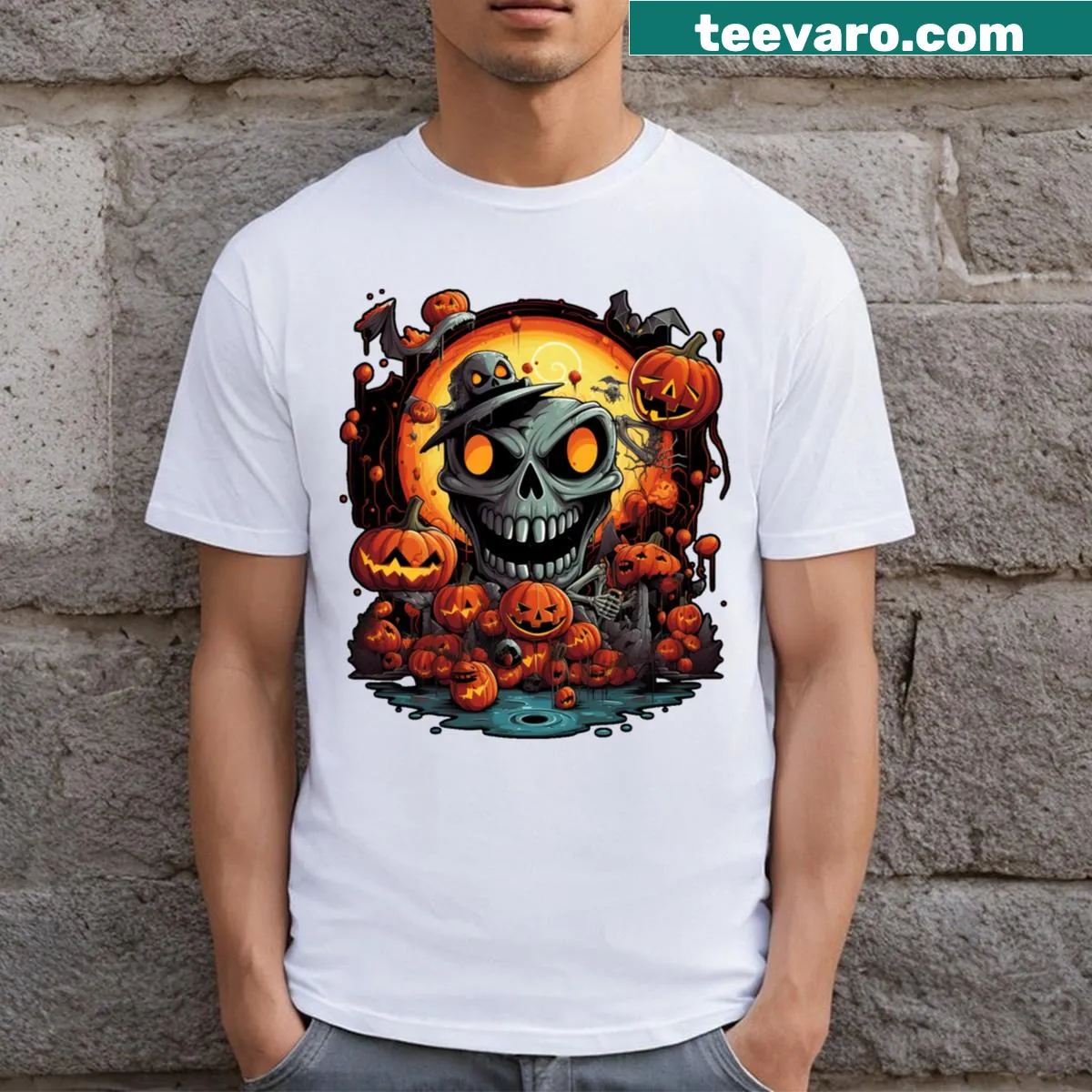 Cartoon Halloween characters t-shirt featuring spooky and sweet designs — on a men's t-shirt