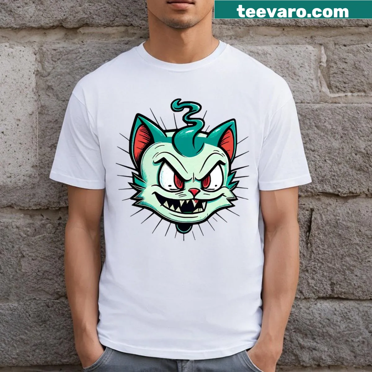 Cartoon style T-shirt with a whimsical graphic of a cat — on a men's t-shirt