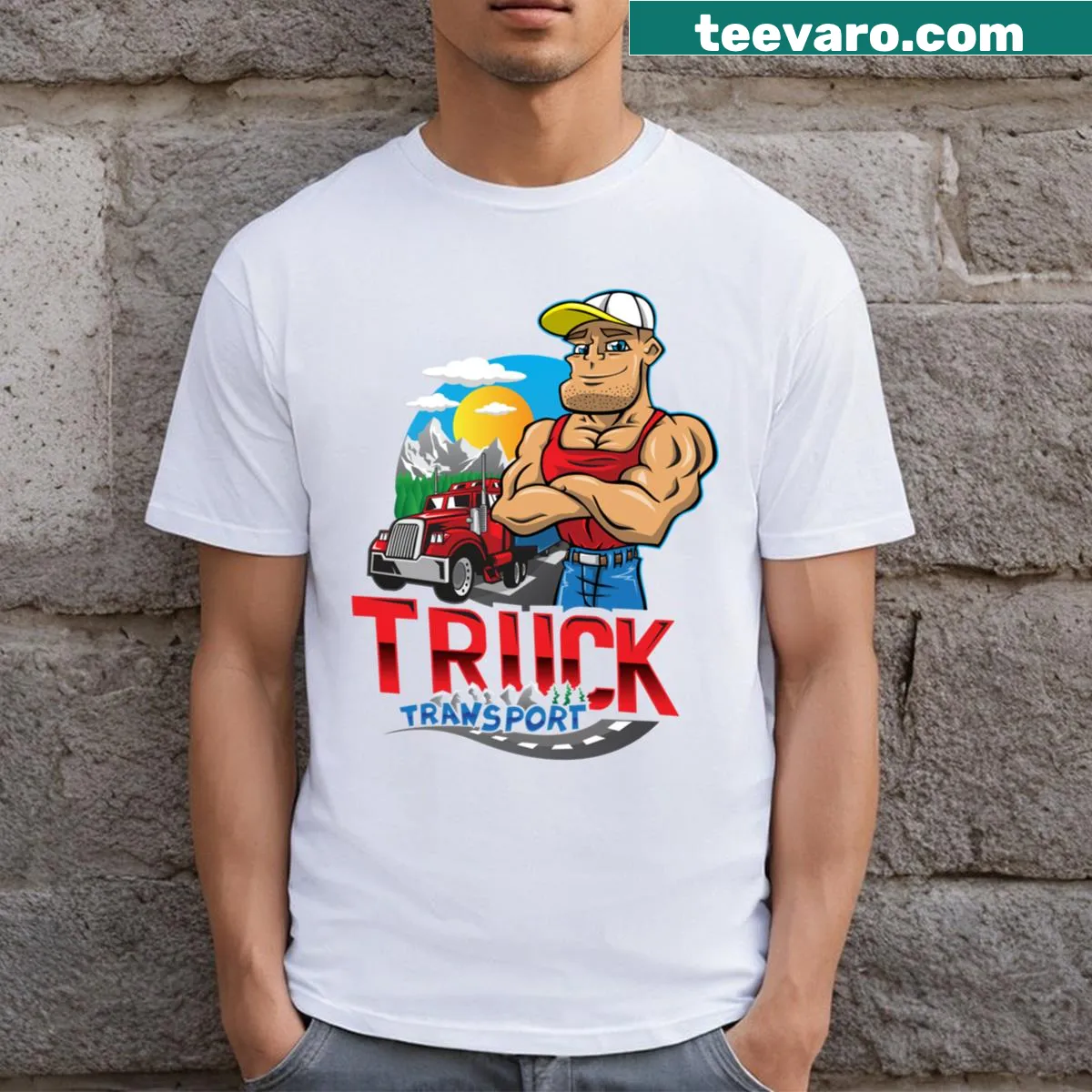 T-shirt with a cartoon truck logo design — on a men's t-shirt