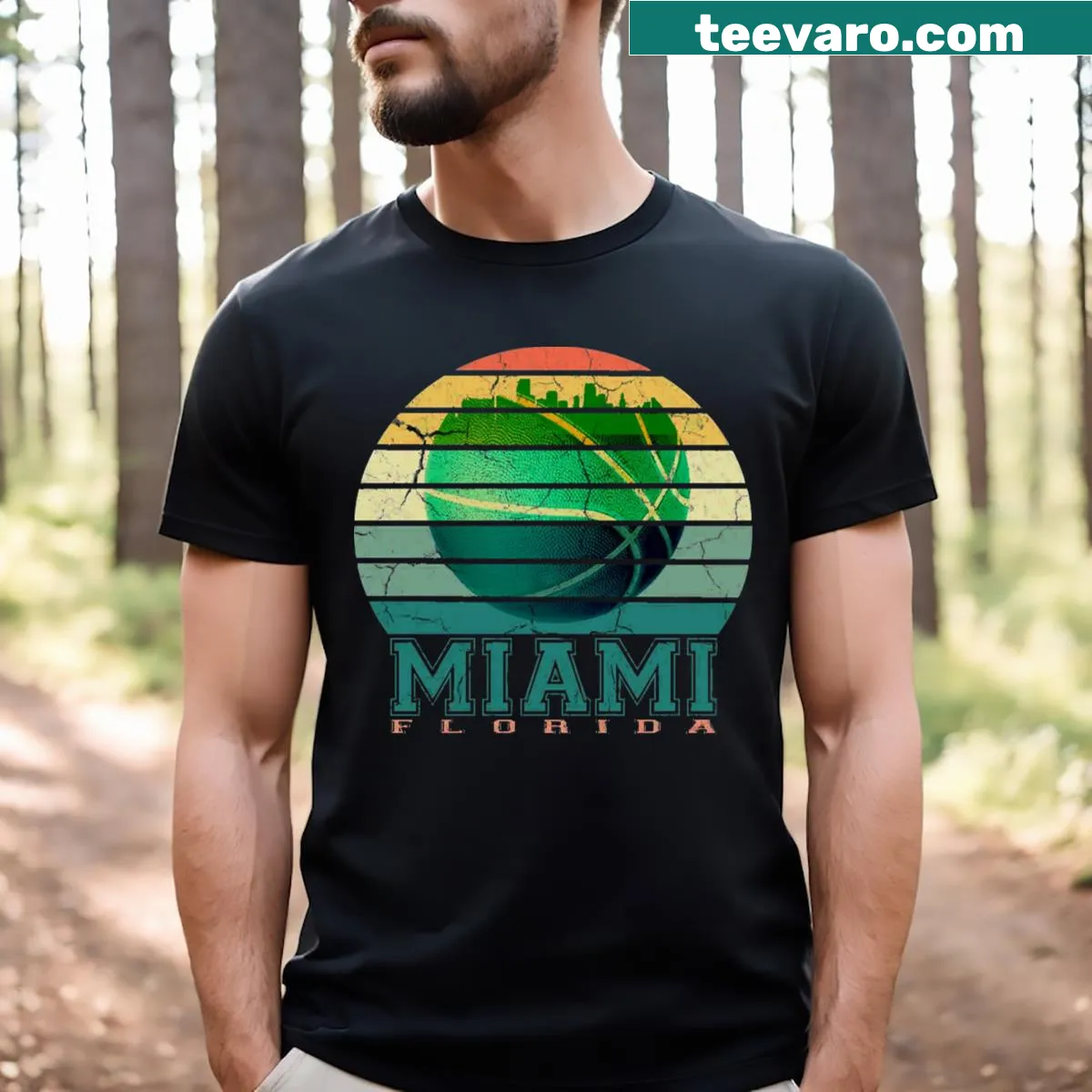 Vintage Miami basketball T-shirt featuring cityscape design — on a men's t-shirt