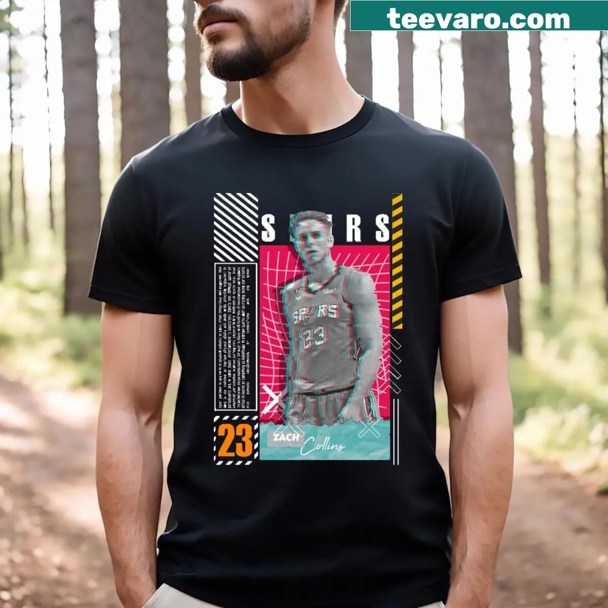 T-shirt featuring a playful design inspired by Zach Collins' basketball poster. — on a men's t-shirt