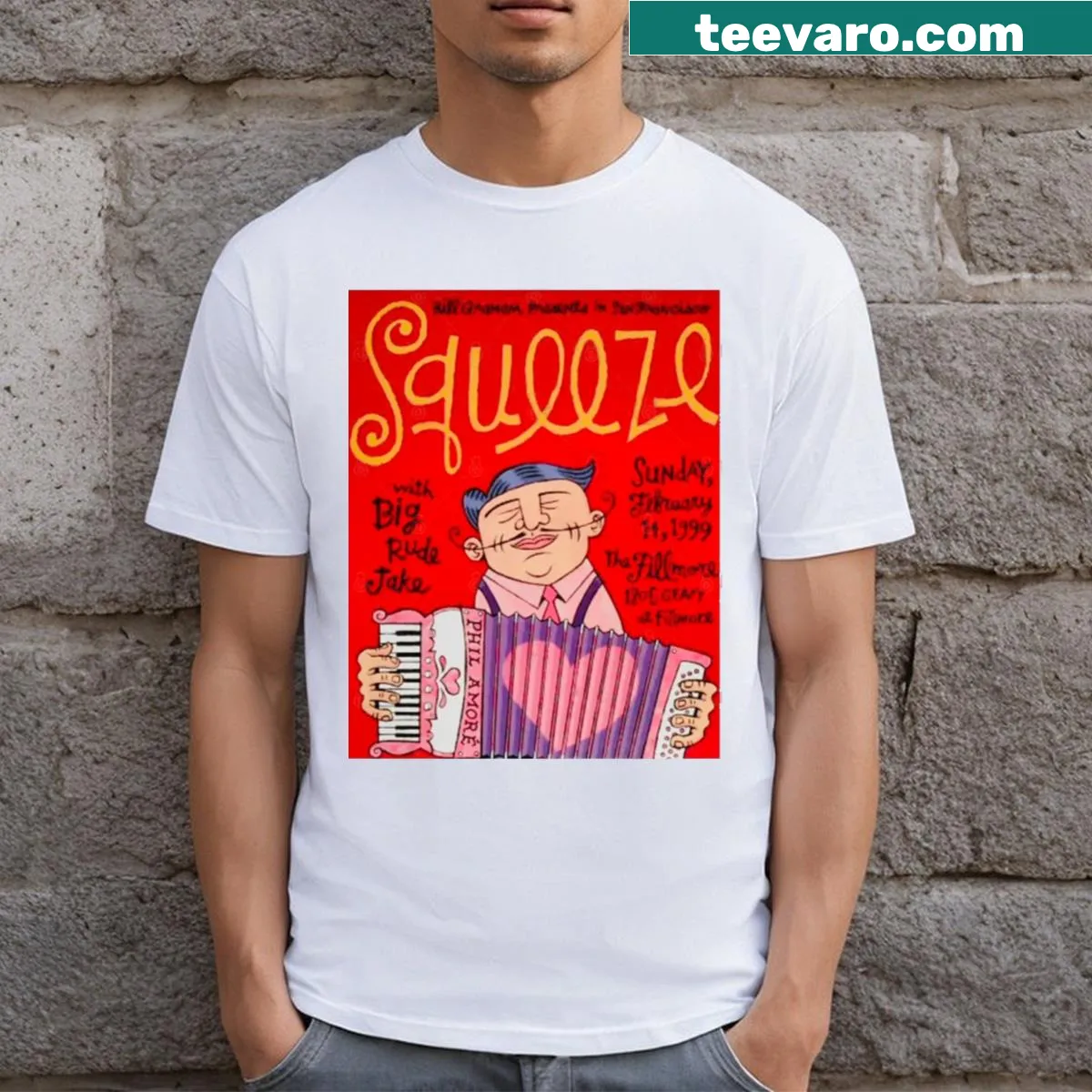 1999 Squeeze concert announcement t-shirt design — on a men's t-shirt