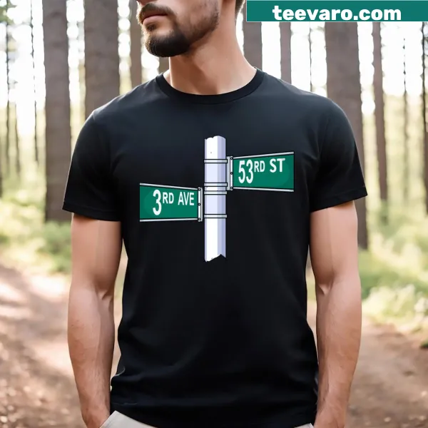 Minimalist t-shirt featuring a silhouette of 53rd and 3rd street signs