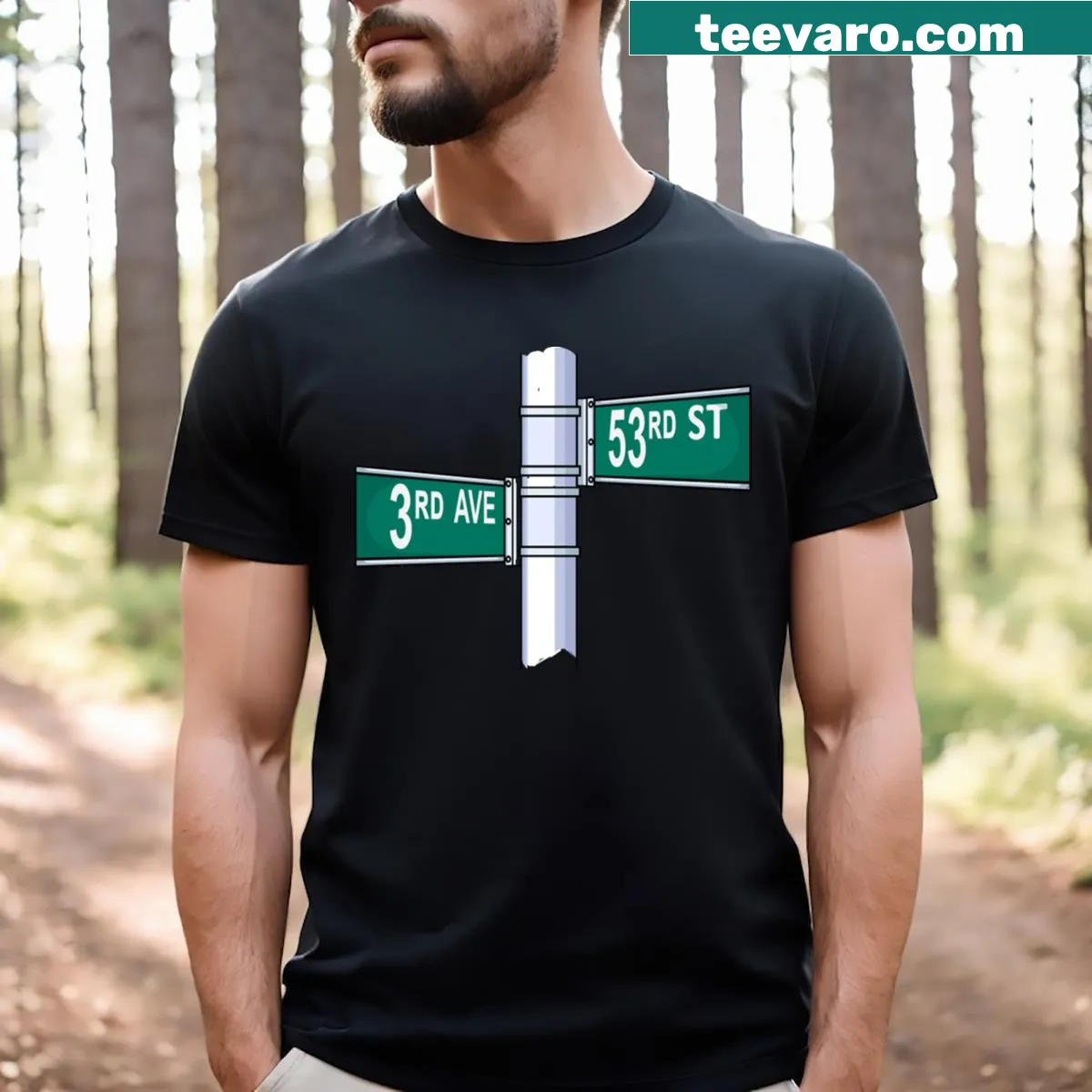 Minimalist t-shirt featuring a silhouette of 53rd and 3rd street signs — on a men's t-shirt