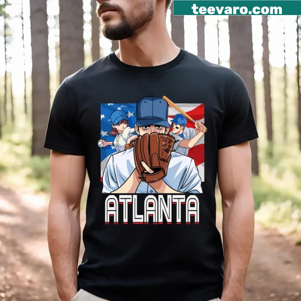 Vintage-style t-shirt with American flag and baseball graphics