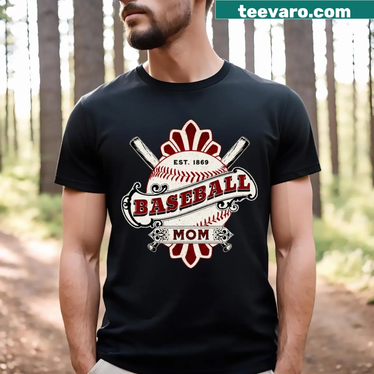 Vintage-style t-shirt honoring baseball moms with 1869 graphics — on a men's t-shirt