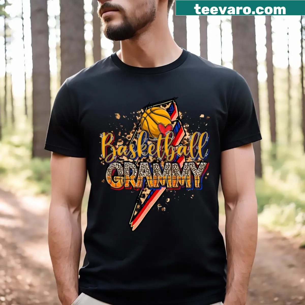 Bold graphic T-shirt celebrating basketball season with leopard and lightning — on a men's t-shirt
