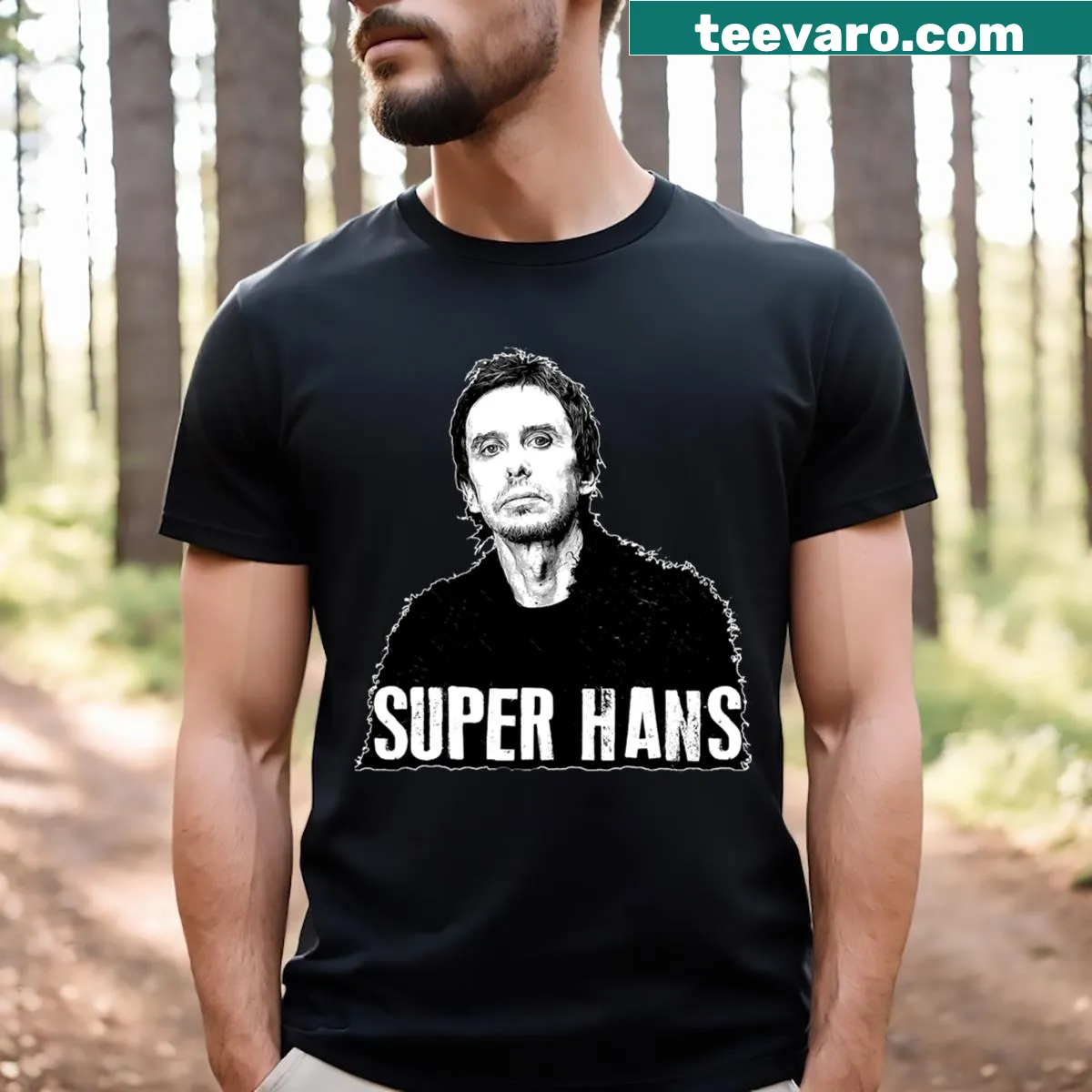 Retro t-shirt featuring 'Beautiful Model Peep Show Super Hans' design. — on a men's t-shirt