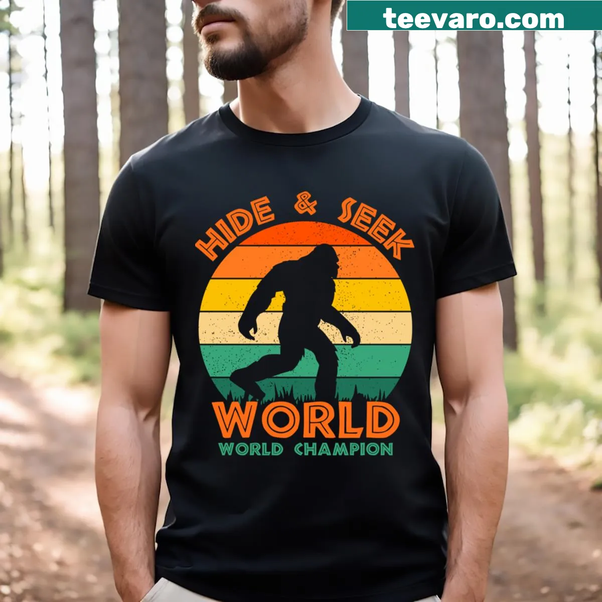 Vintage Bigfoot t-shirt with 'Hide Seek World Champion' text — on a men's t-shirt