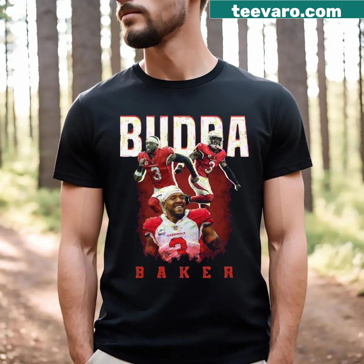 Budda Baker football t-shirt with poster style graphic — on a men's t-shirt