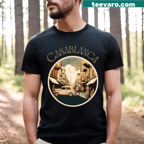 Vintage travel T-shirt featuring a streetscape illustration of Casablanca