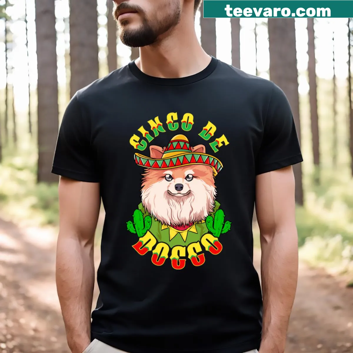 Funny Pomeranian t-shirt with Cinco De Doggo phrase and sombrero design — on a men's t-shirt