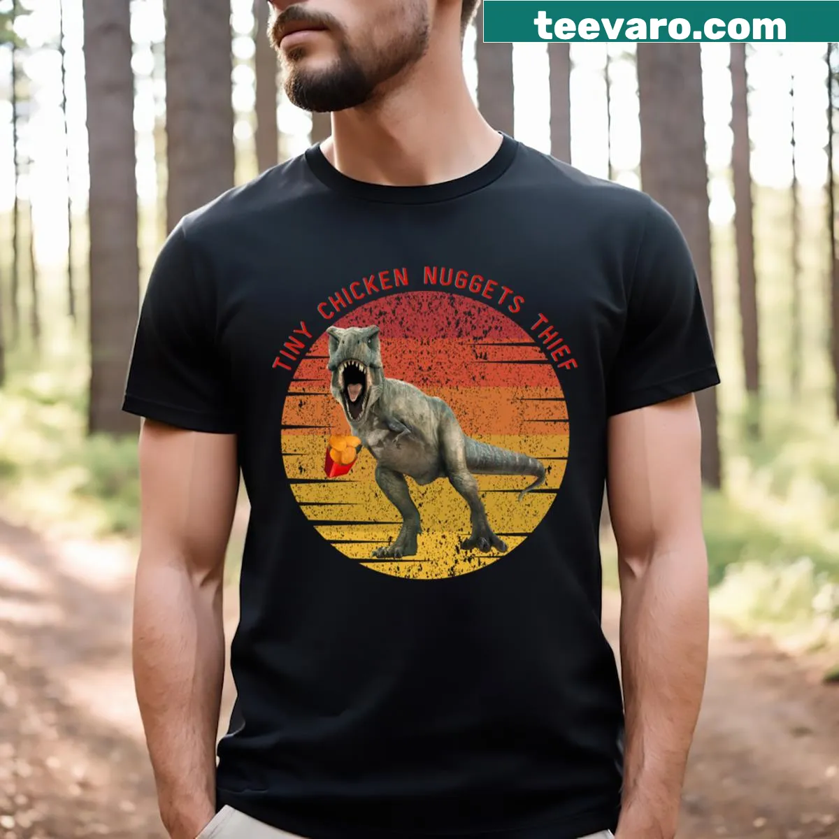 Vintage distressed t-shirt featuring a dinosaur stealing chicken nuggets — on a men's t-shirt