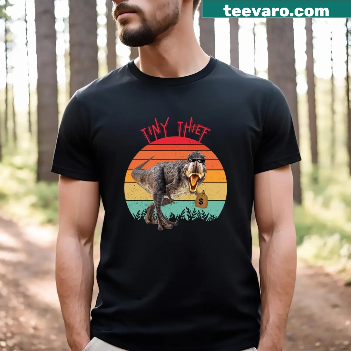 Vintage t-shirt featuring a tiny dinosaur thief — on a men's t-shirt