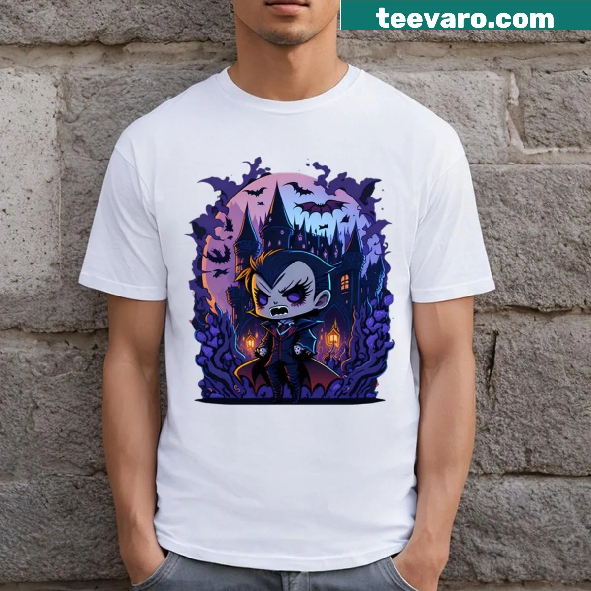 Kawaii Dracula t-shirt featuring a cute coffin design for Halloween — on a men's t-shirt
