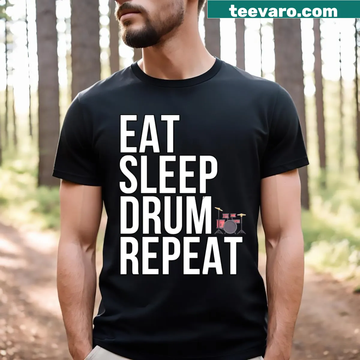 T-shirt with 'Eat Sleep Drum Repeat' text design — on a men's t-shirt