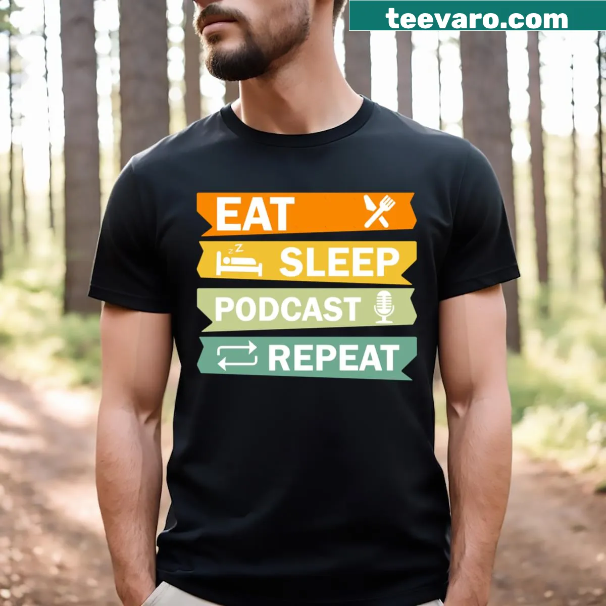 Funny podcast t-shirt with text about podcasting lifestyle — on a men's t-shirt