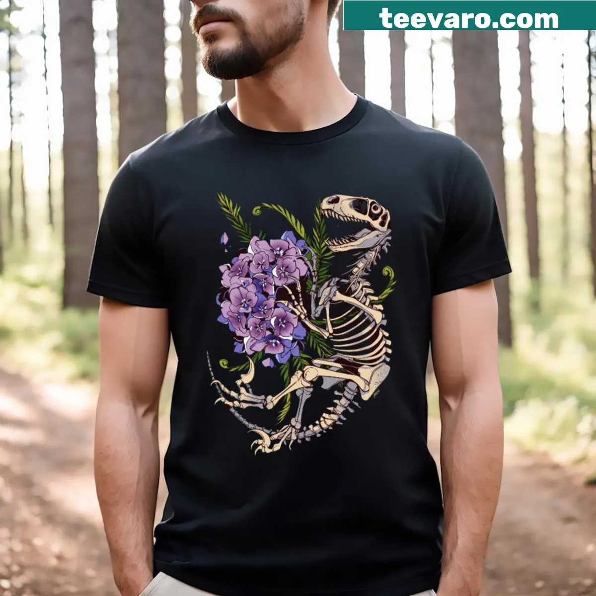 Whimsical T-shirt with flower market and Utahraptor design — on a men's t-shirt