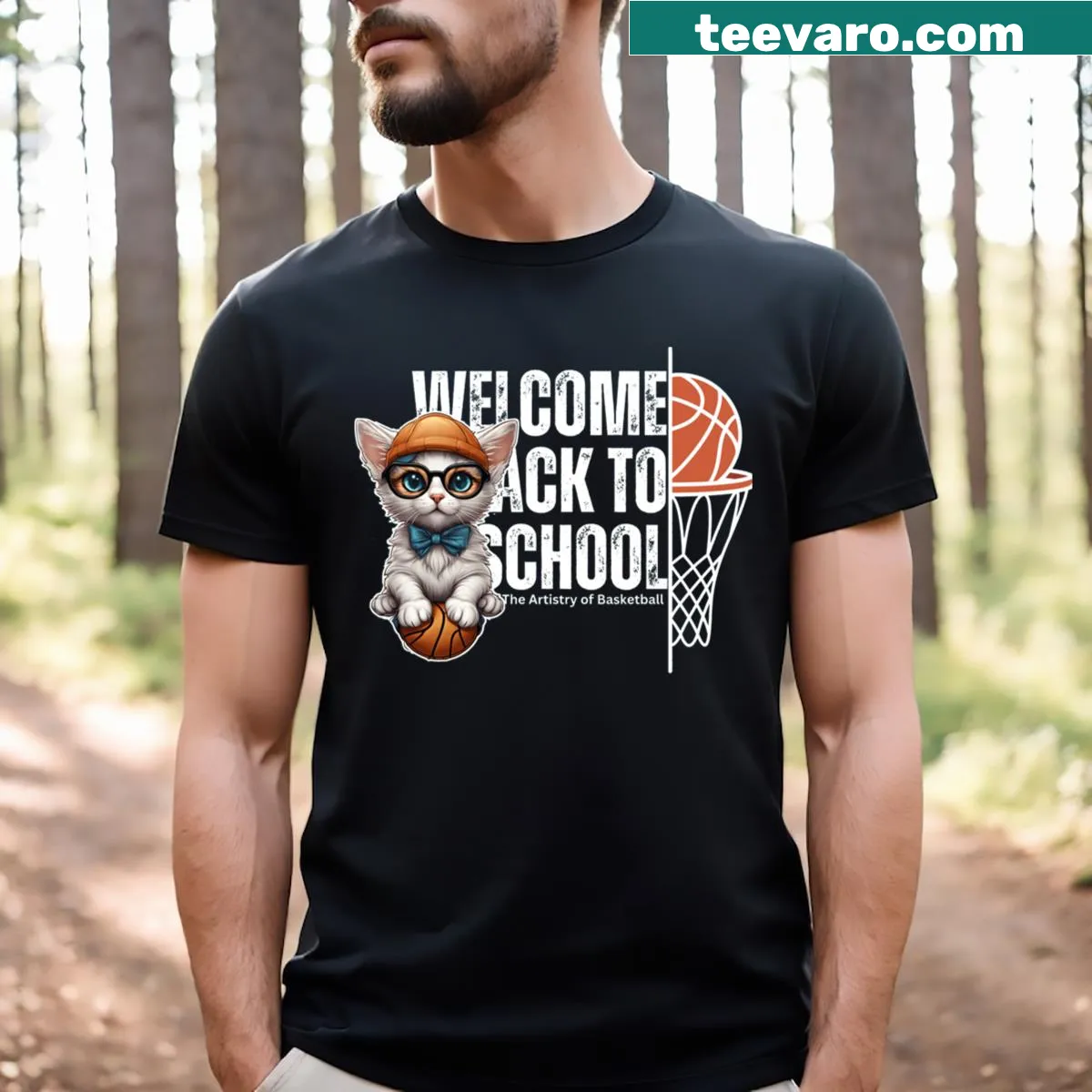 Cartoon cat with glasses and basketball on an active t-shirt — on a men's t-shirt