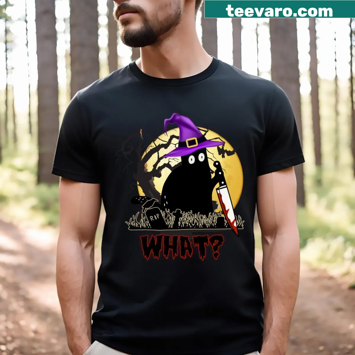 Funny black cat with knife Halloween costume t-shirt. — on a men's t-shirt