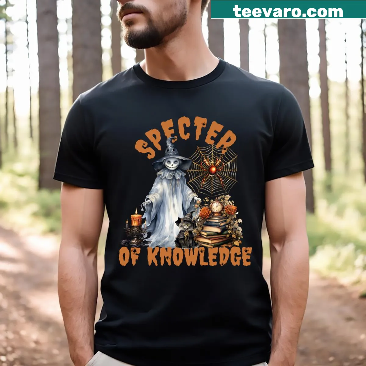 Vintage T-shirt featuring a spectral figure with a dark academia theme — on a men's t-shirt