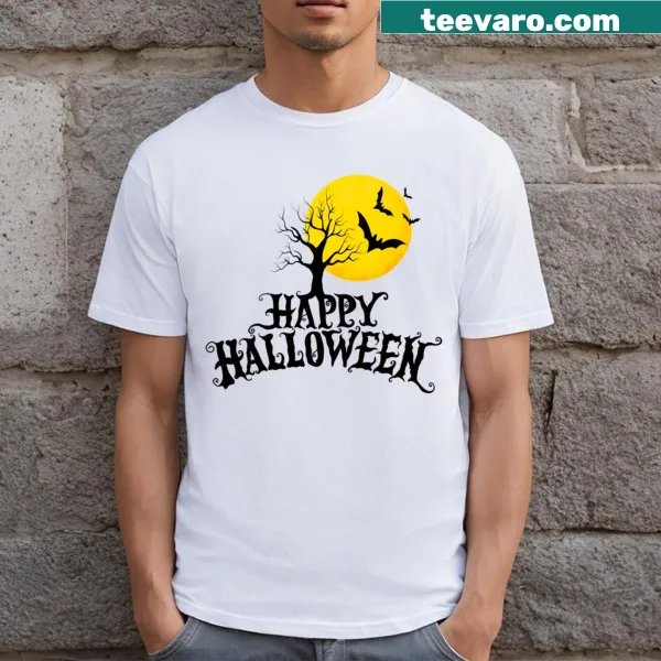 Cartoon T-shirt with full moon and playful bats for Halloween