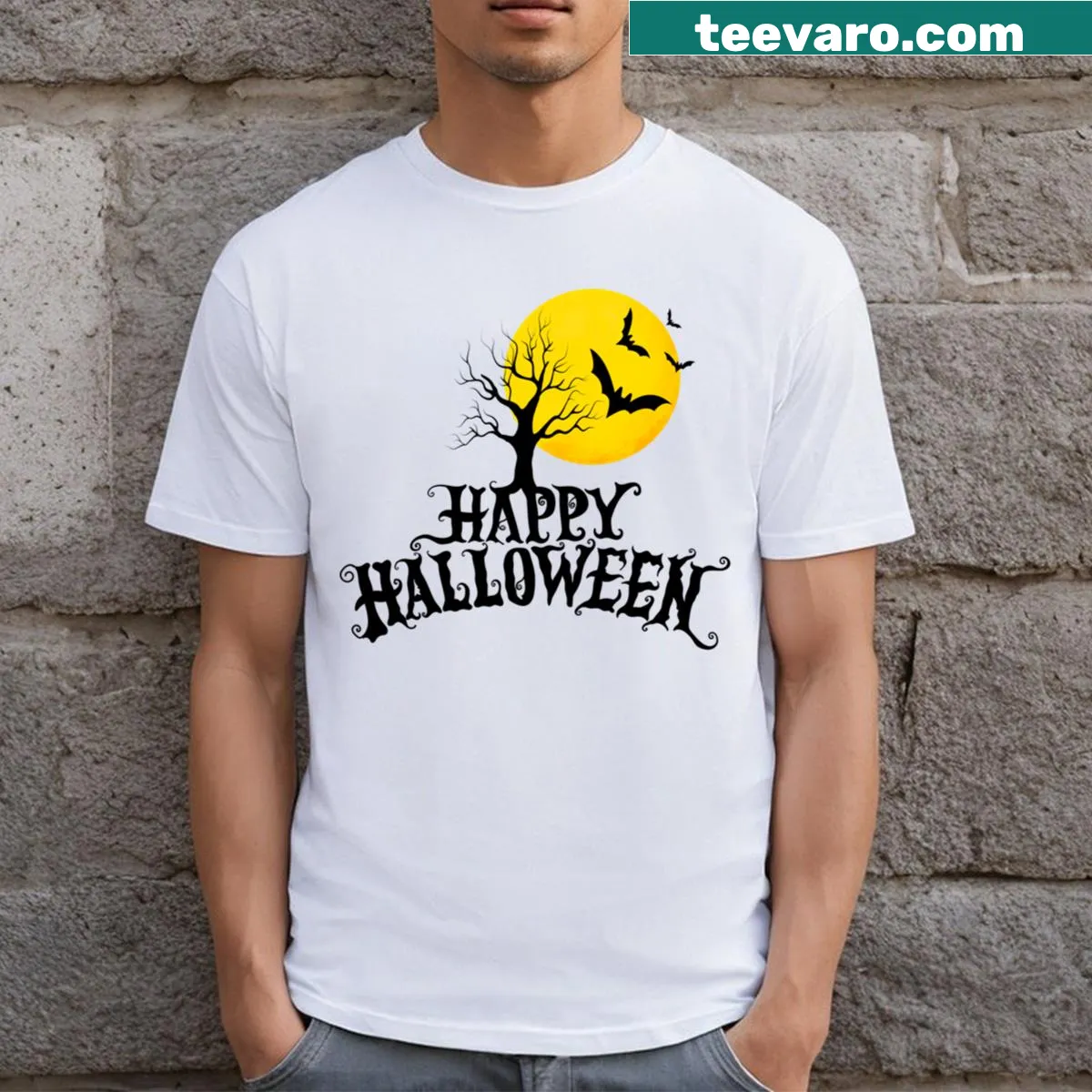 Cartoon T-shirt with full moon and playful bats for Halloween — on a men's t-shirt