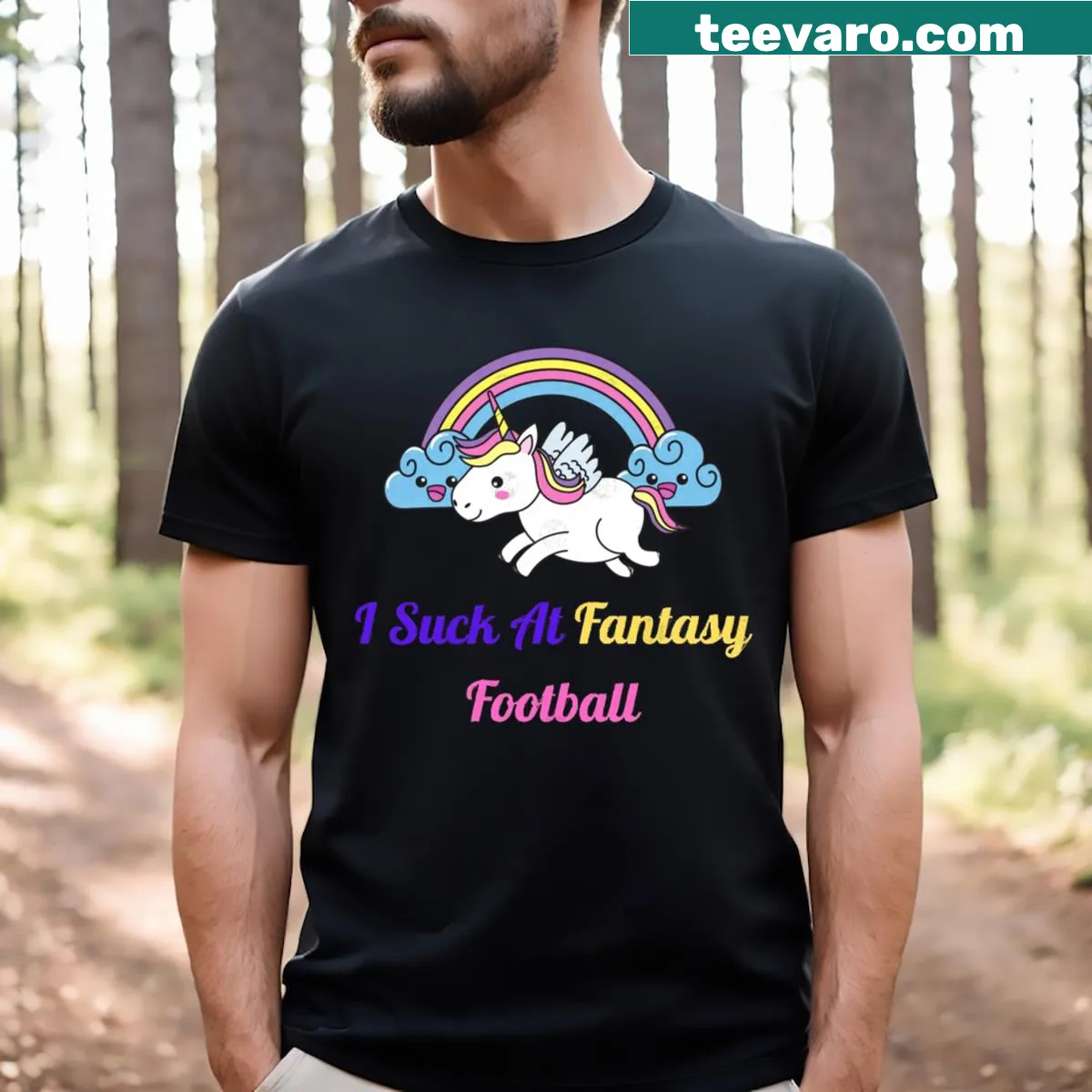 Funny unicorn design shirt for men who struggle with fantasy football. — on a men's t-shirt