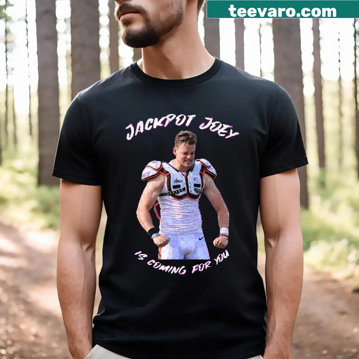 Bold design featuring Joe Burrow as Jackpot Joey for Bengals fans. — on a men's t-shirt