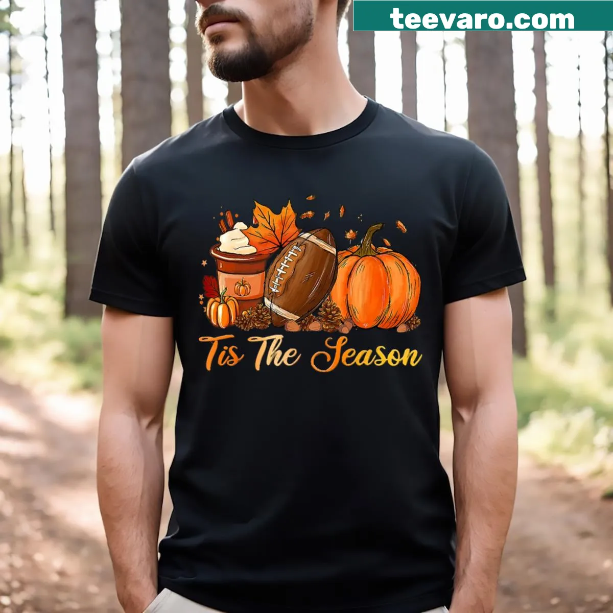 Fall-themed t-shirt combining pumpkin spice with football — on a men's t-shirt