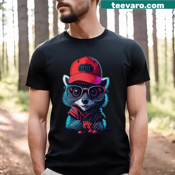 Illustration of a raccoon wearing a baseball cap on a t-shirt