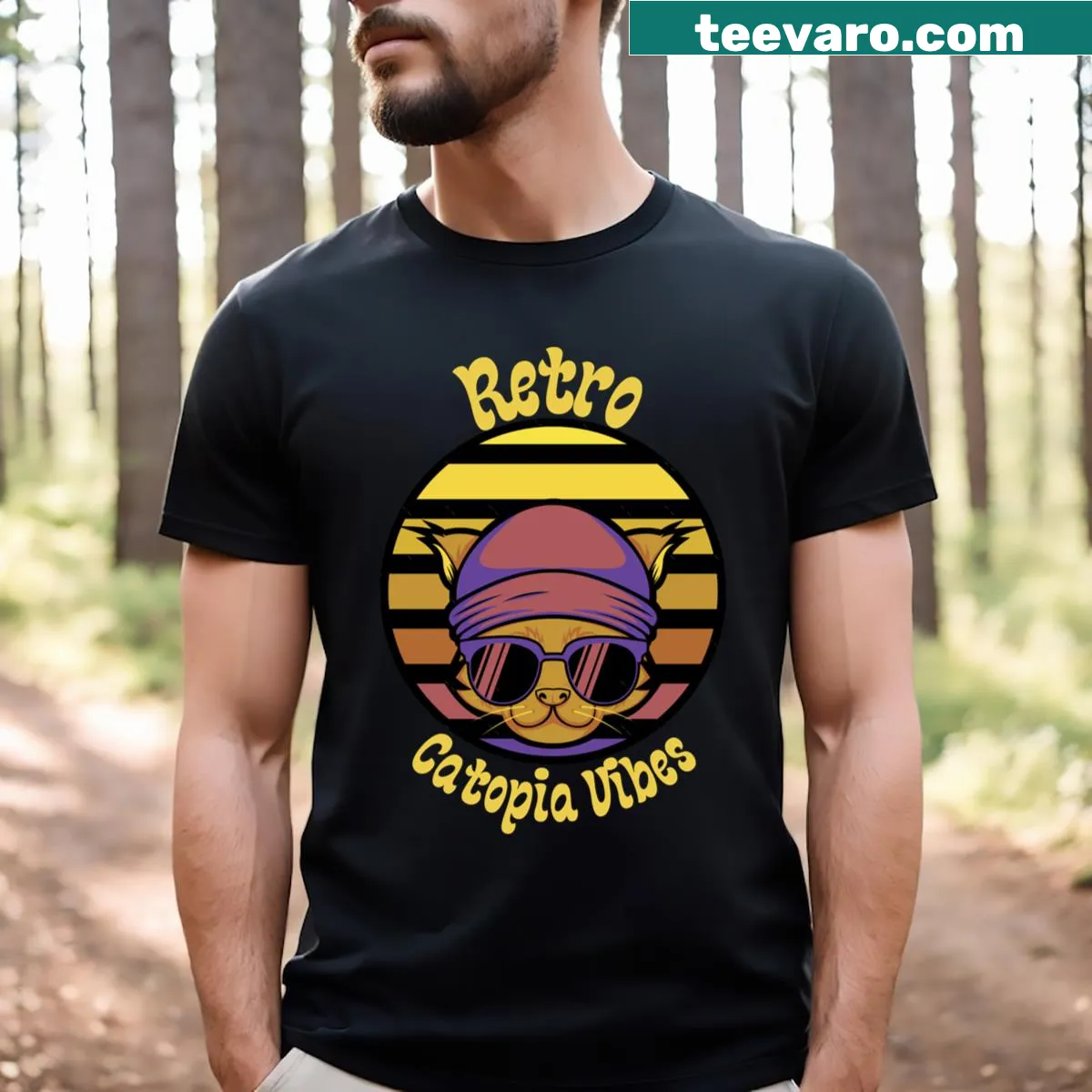 Funny retro cat lover v-neck t-shirt with Catopia Vibes — on a men's t-shirt