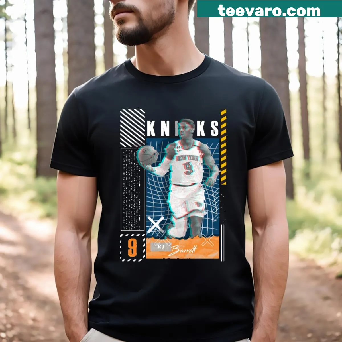 RJ Barrett basketball graphic on Knicks T-shirt — on a men's t-shirt