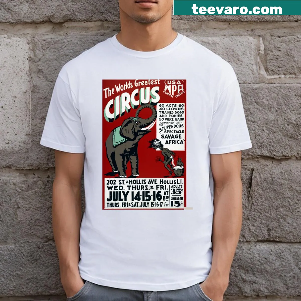 Vintage circus poster-themed T-shirt celebrating classic entertainment. — on a men's t-shirt