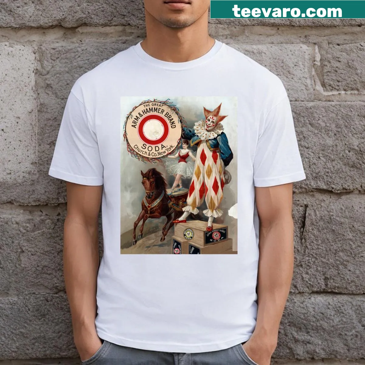 Vintage advertisement t-shirt featuring a clown and an acrobat on a horse — on a men's t-shirt