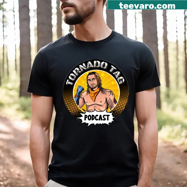 Humorous Tornado Tag Podcast Andy Header T-shirt with playful graphic