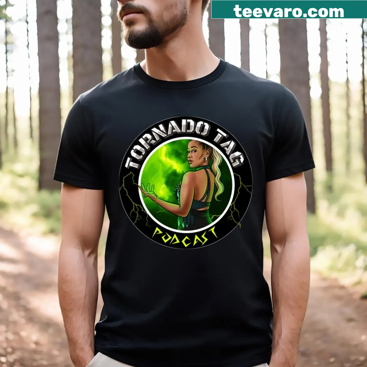 Fun Tornado Tag Podcast JC Storm T-shirt featuring quirky graphic — on a men's t-shirt