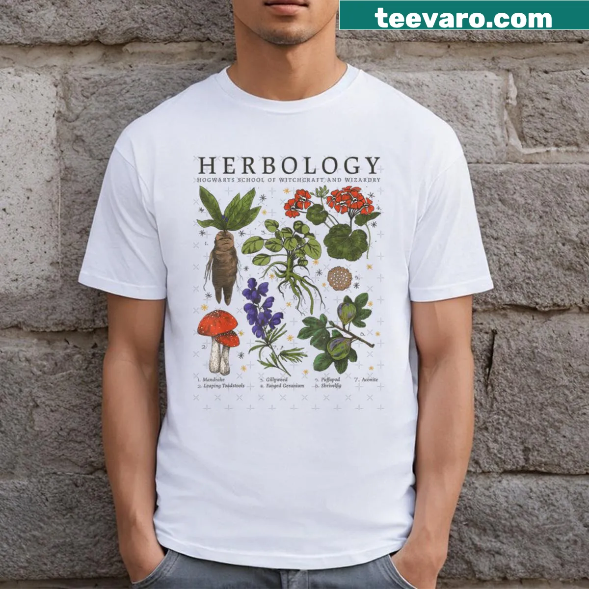 Vintage herbology school t-shirt with witchcraft-themed design — on a men's t-shirt