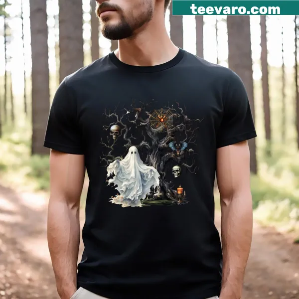 Vintage Halloween T-shirt with ghost and creepy tree design