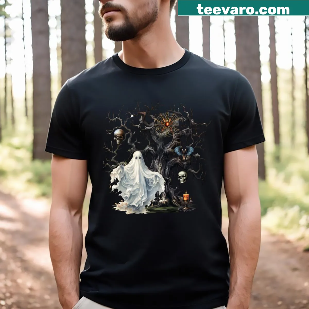 Vintage Halloween T-shirt with ghost and creepy tree design — on a men's t-shirt