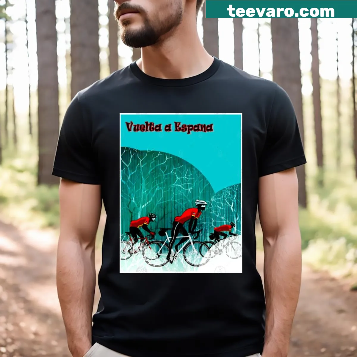 Vuelta A Espana cycling t-shirt with bold race-themed text — on a men's t-shirt