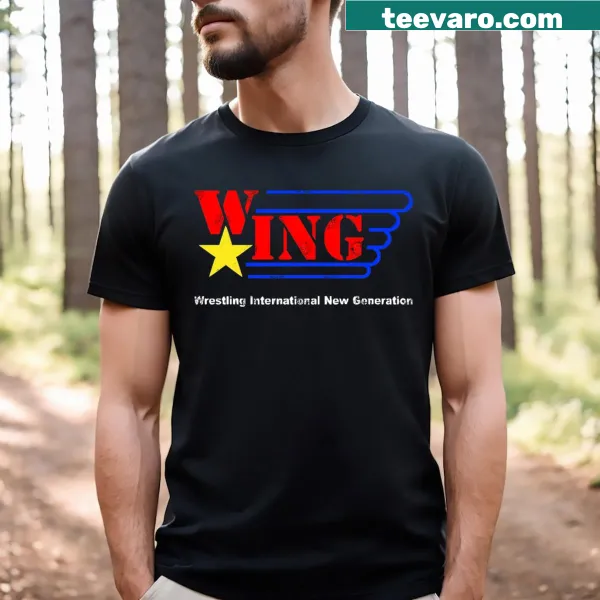 Bold text 'Wing Wrestling International' on a wrestling-themed t-shirt.