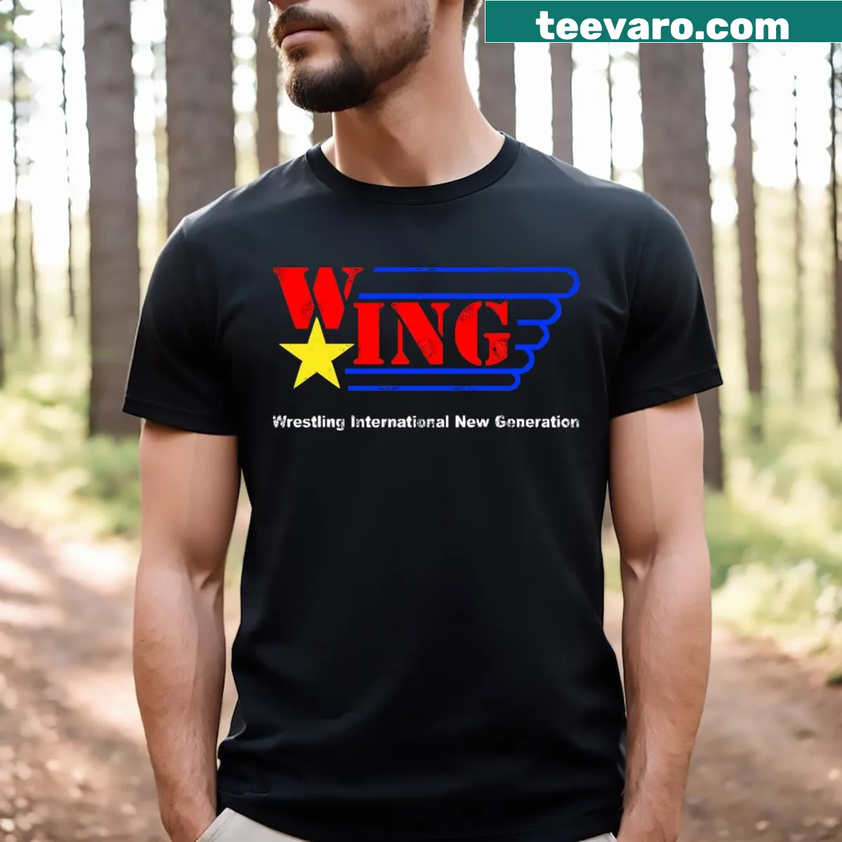 Bold text 'Wing Wrestling International' on a wrestling-themed t-shirt. — on a men's t-shirt
